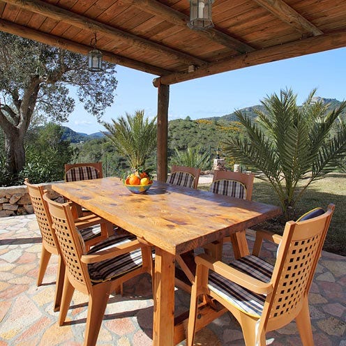 Wood, Furniture, Table, Hardwood, Chair, Outdoor table, Outdoor furniture, Resort, Real estate, Shade, 