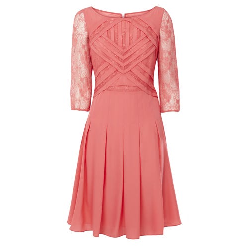 Sleeve, Dress, Textile, Red, Pink, One-piece garment, Pattern, Style, Formal wear, Peach, 