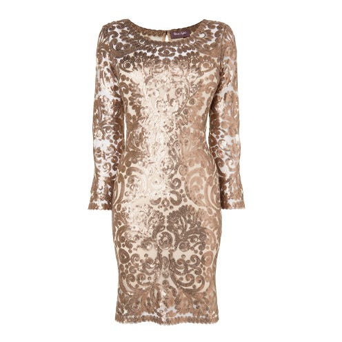 Brown, Sleeve, Textile, Dress, Pattern, Neck, One-piece garment, Day dress, Visual arts, Pattern, 