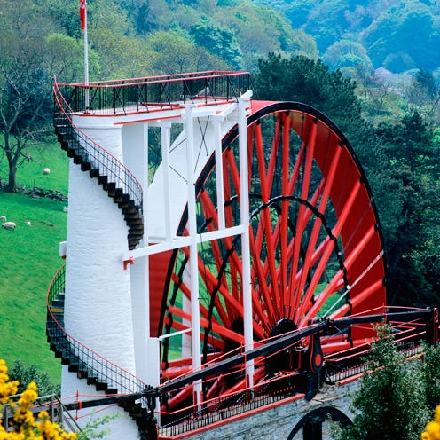 Infrastructure, paddlewheel, Red, Bridge, Gristmill, Spoke, Nonbuilding structure, Beam bridge, Tourist attraction, Girder bridge, 