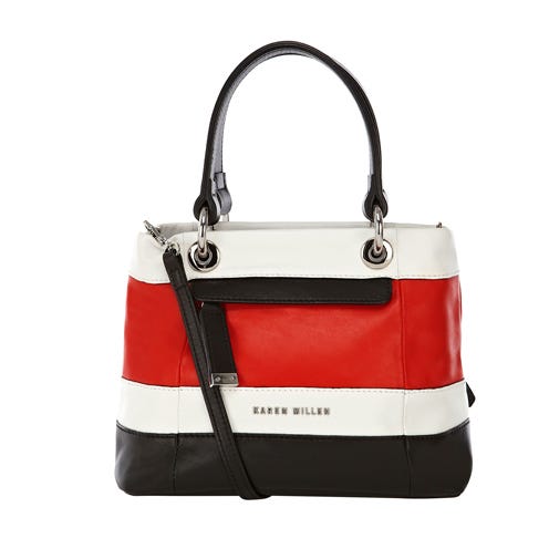Product, Red, White, Style, Bag, Carmine, Metal, Material property, Label, Coquelicot, 