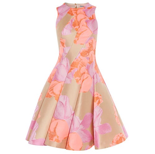 Clothing, Dress, Pink, Day dress, Peach, Strapless dress, A-line, Yellow, Orange, Cocktail dress, 