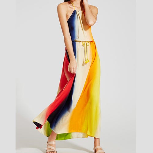 Clothing, Fashion model, Dress, Yellow, Shoulder, Day dress, Neck, Gown, Fashion, Leg, 