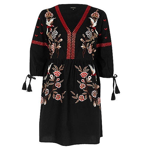 Clothing, Black, Outerwear, Sleeve, Robe, Dress, Day dress, Costume, Neck, Embroidery, 