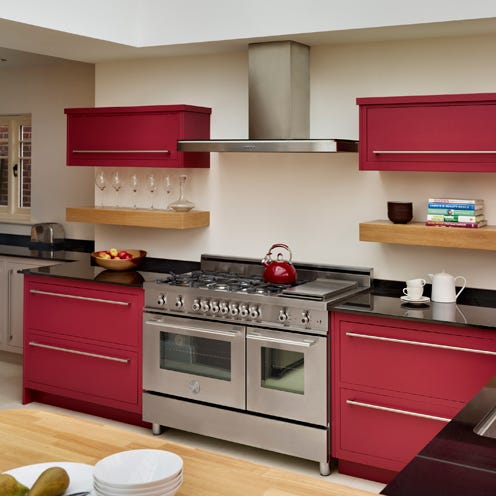 Room, Wood, Interior design, Red, Kitchen, Major appliance, Cupboard, Kitchen appliance, Cabinetry, Home appliance, 