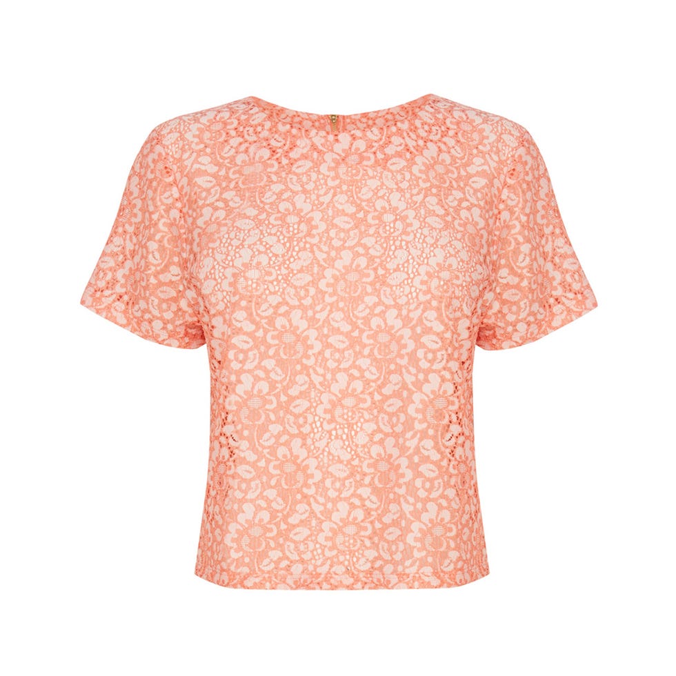Product, Sleeve, Pattern, White, Orange, Peach, Fashion, Neck, Aqua, Active shirt, 