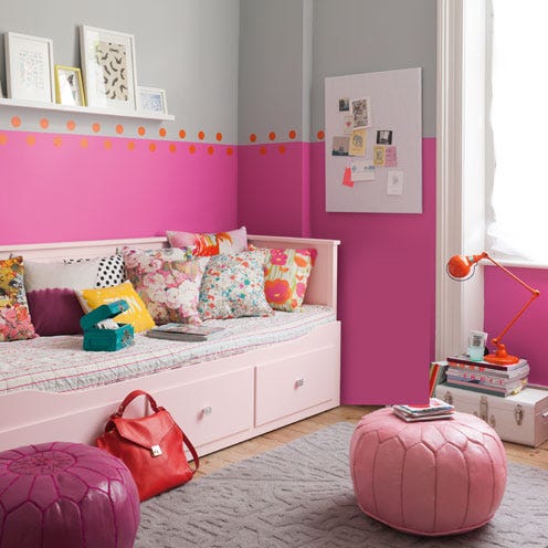 Room, Interior design, Wall, Orange, Pink, Magenta, Purple, Interior design, Home, Bedroom, 