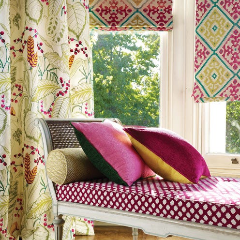 Interior design, Room, Textile, Pink, Purple, Magenta, Linens, Interior design, Cushion, Pattern, 