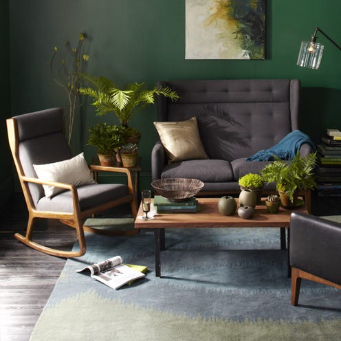 Green, Interior design, Room, Furniture, Floor, Table, Couch, Interior design, Flooring, Coffee table, 