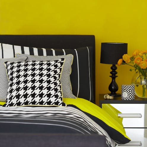 Yellow, Room, Textile, Furniture, Wall, Pillow, Linens, Cushion, Bedding, Grey, 