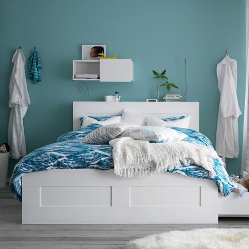Blue, Room, Interior design, Textile, Linens, Wall, Bedding, Teal, Turquoise, Bedroom, 