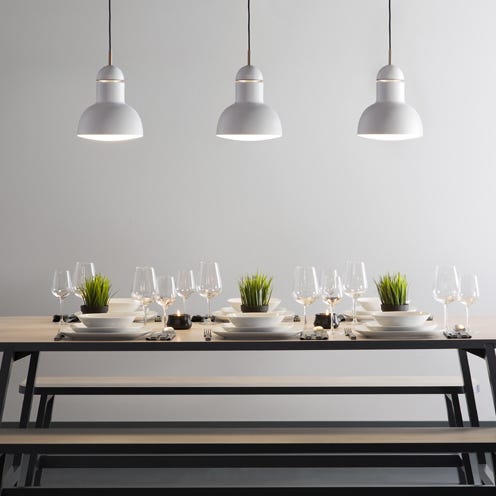 Dishware, Table, Room, Furniture, White, Serveware, Light fixture, Interior design, Interior design, Lighting accessory, 