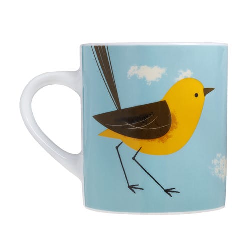 Serveware, Yellow, Cup, Dishware, Drinkware, Bird, Beak, Coffee cup, Tableware, Feather, 