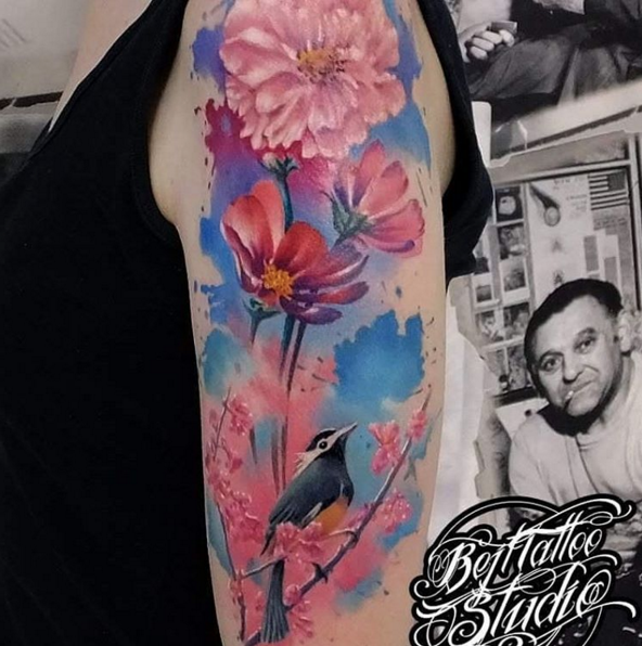 watercolor tattoo flower sleeve