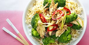 sesame garlic chicken and broccoli over white rice