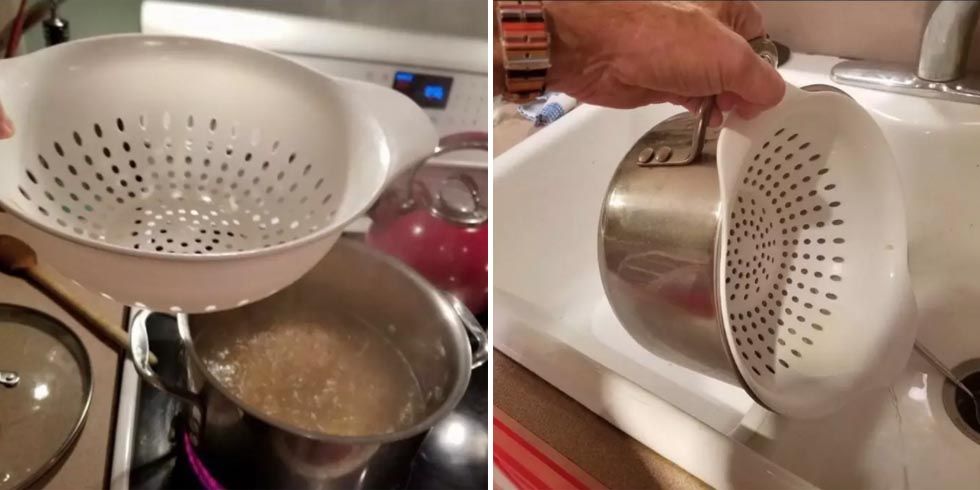food - How can I drain the water from a saucepan of pasta without a  colander? - Lifehacks Stack Exchange