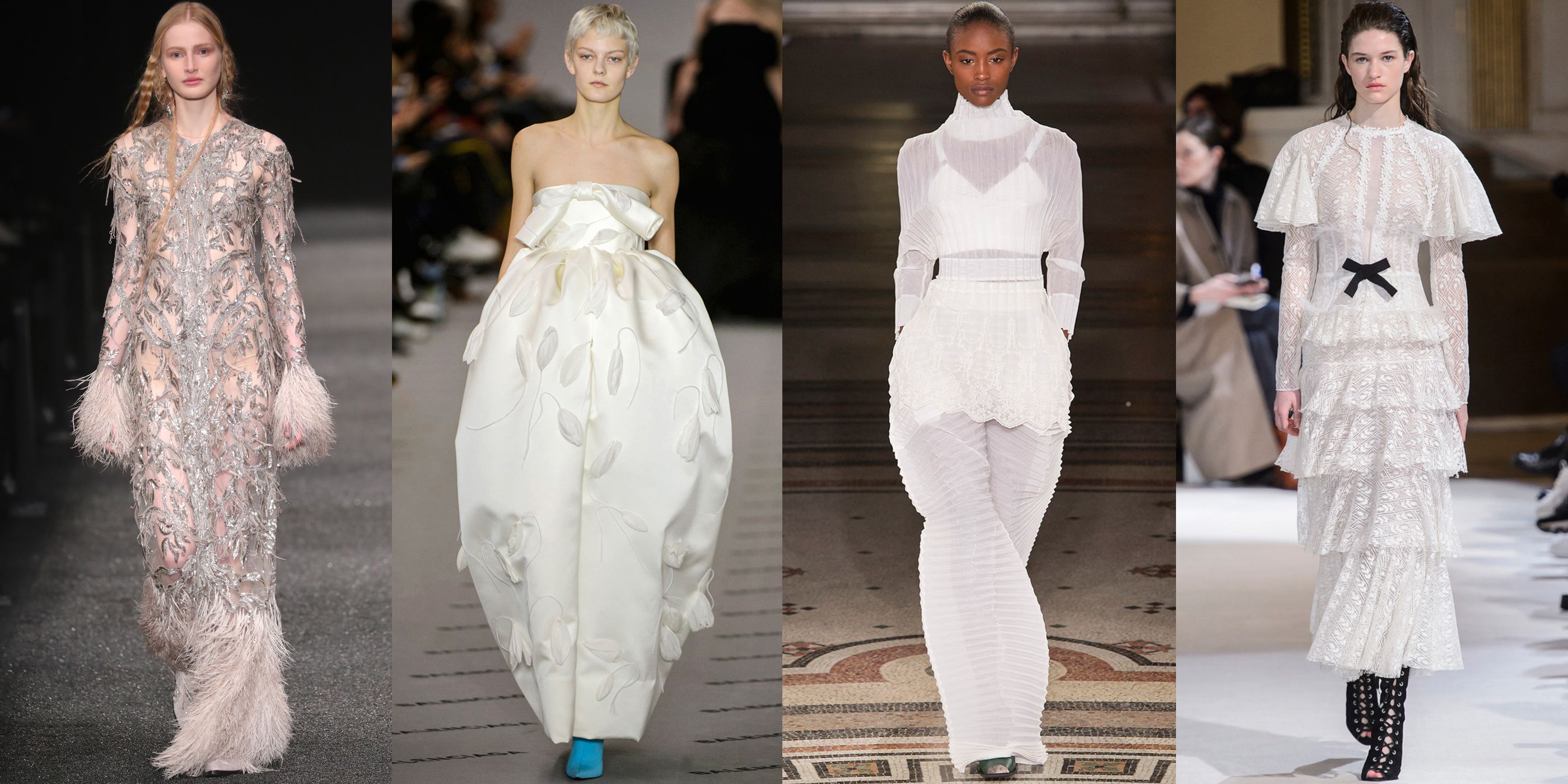 Models wearing a Moschino plastic bag, a Hefty bag dress topped