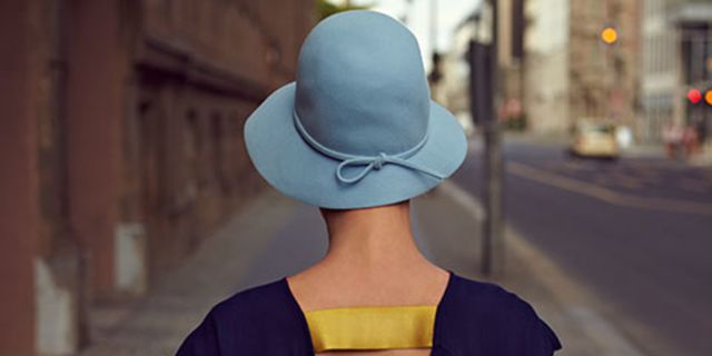 Sleeve, Shoulder, Standing, Joint, Hat, Headgear, Electric blue, Street fashion, Neck, Back, 