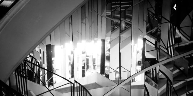 Monochrome, Black-and-white, Monochrome photography, Parallel, Handrail, Iron, Design, Symmetry, Stairs, Steel, 