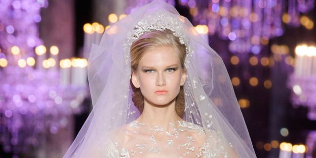 Clothing, Nose, Bridal veil, Bridal clothing, Veil, Hairstyle, Dress, Sleeve, Shoulder, Eyebrow, 