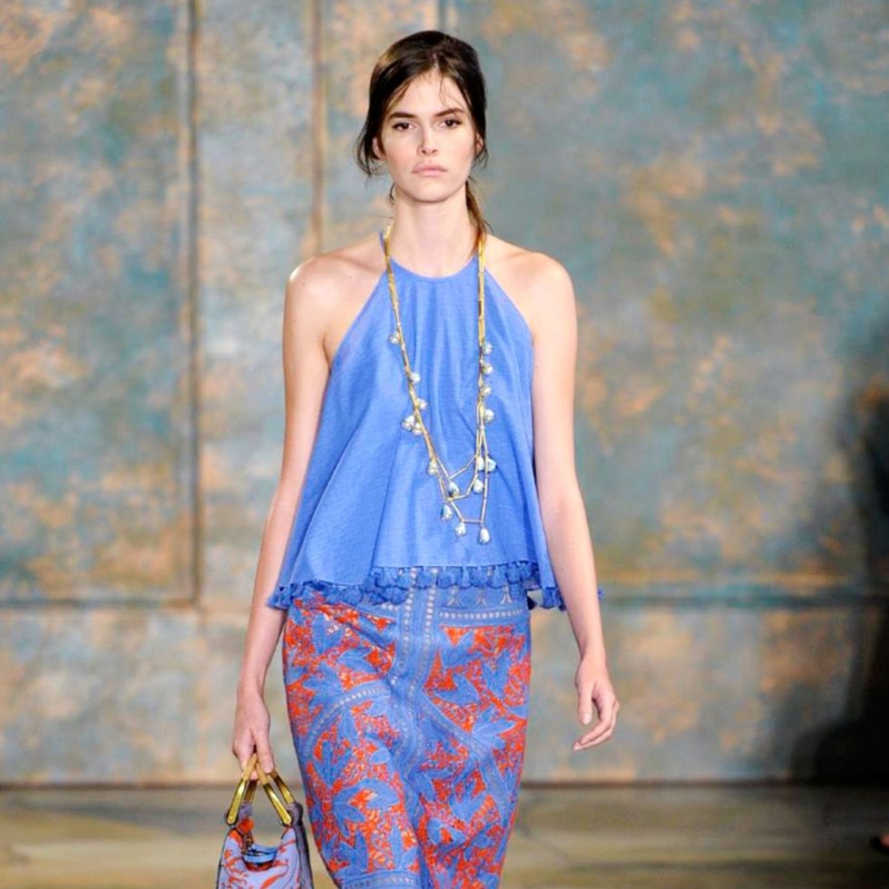 Clothing, Blue, Brown, Shoulder, Jewellery, Textile, Joint, Bag, Style, Fashion show, 
