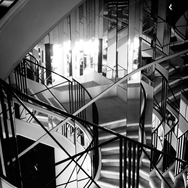 Monochrome, Black-and-white, Monochrome photography, Parallel, Handrail, Iron, Design, Symmetry, Stairs, Steel, 