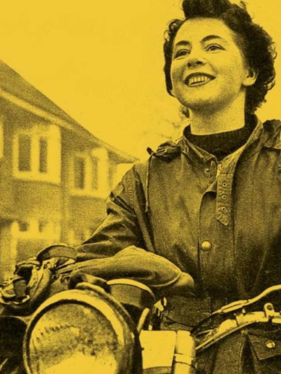 Sitting, Vintage clothing, Retro style, Laugh, Pleased, Machine, Classic, Motorcycle, Portrait, 