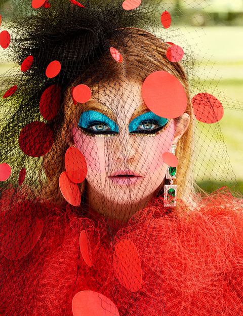 Lip, Red, Art, Eyelash, Costume, Hair accessory, Painting, Coquelicot, Makeover, Creative arts, 