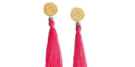 Red, Earrings, Magenta, Peach, Costume accessory, Knot, Coquelicot, Creative arts, Craft, Natural material, 