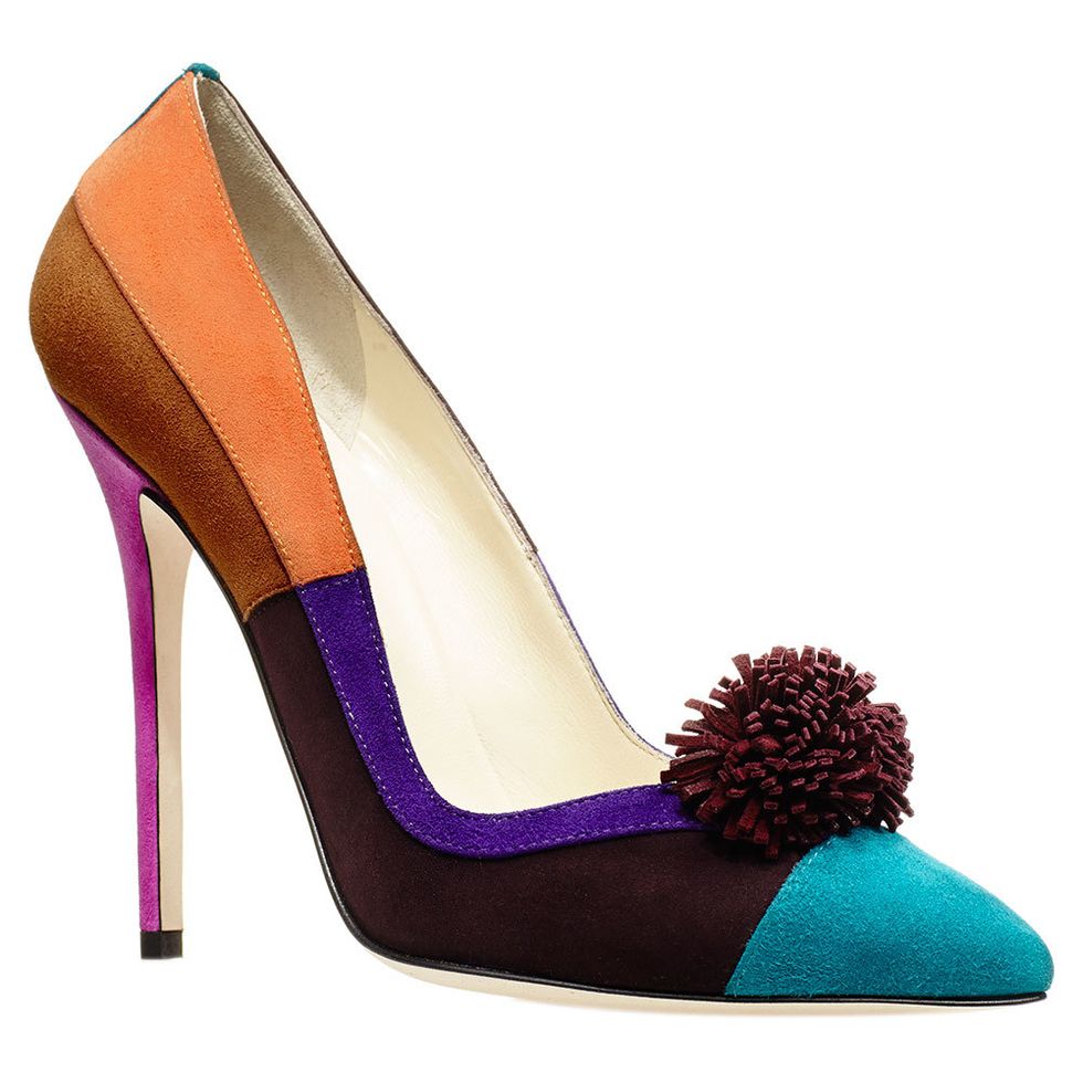 Brown, High heels, Purple, Basic pump, Costume accessory, Tan, Beige, Court shoe, Brush, Pom-pom, 