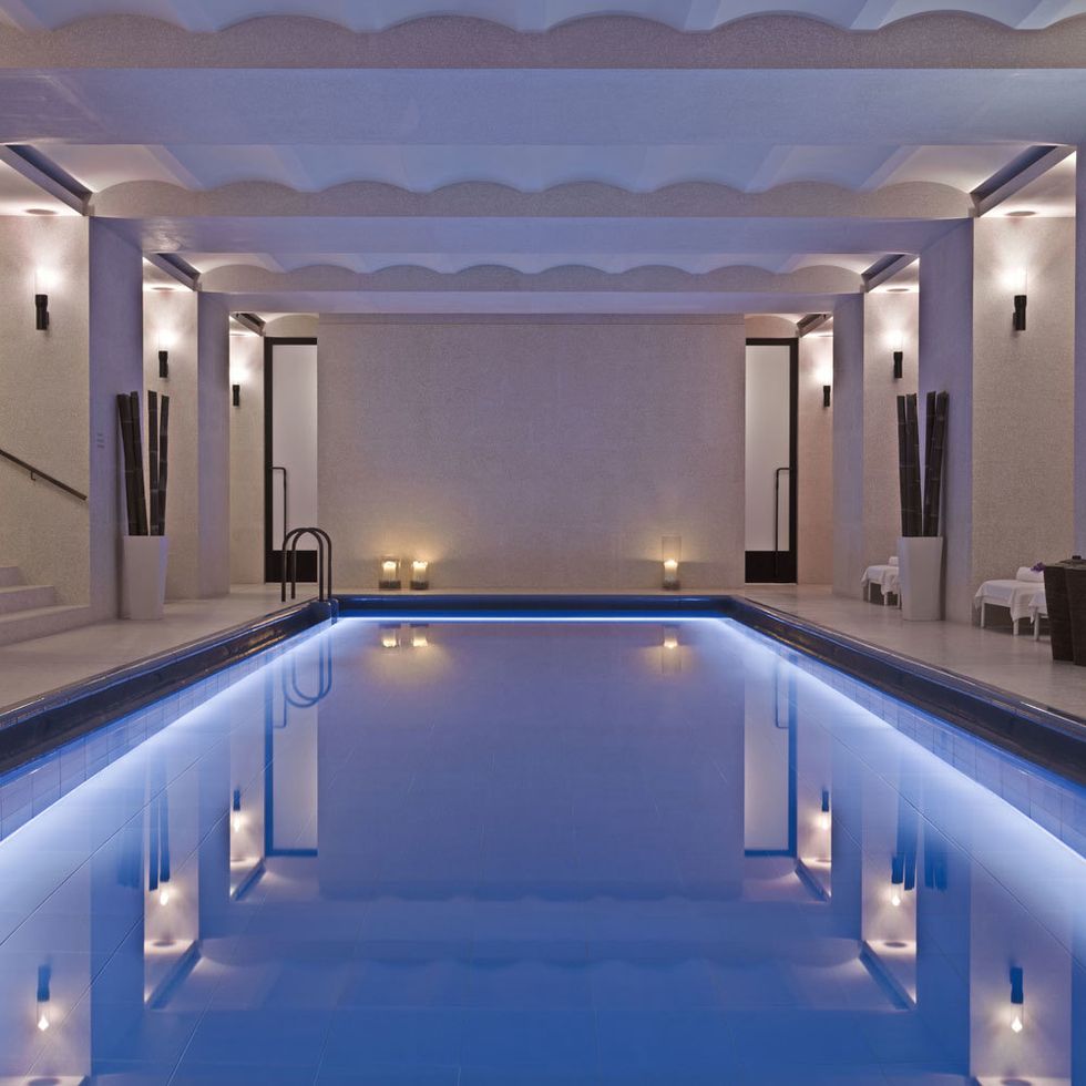 Blue, Lighting, Swimming pool, Ceiling, Light, Interior design, Real estate, Azure, Rectangle, Composite material, 
