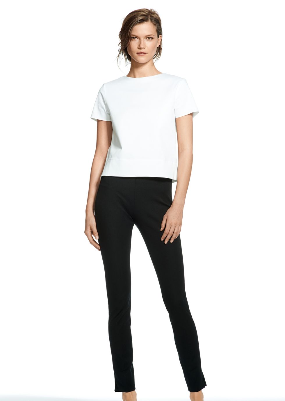 Sleeve, Trousers, Shoulder, Human leg, Textile, Standing, Joint, White, Waist, Style, 