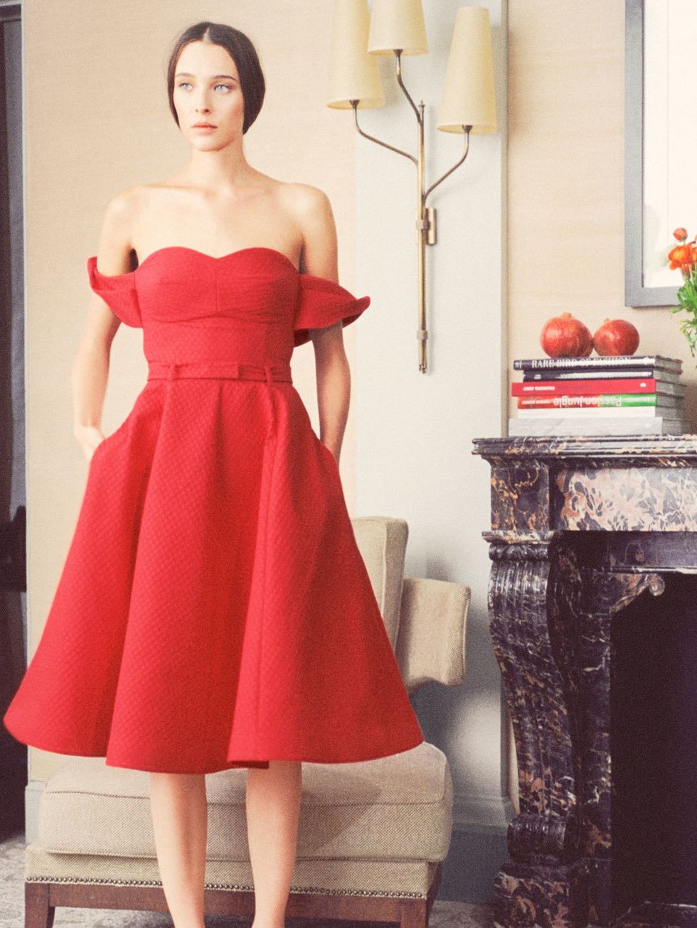 Clothing, Dress, Sleeve, Shoulder, Red, Joint, One-piece garment, Formal wear, Day dress, Waist, 