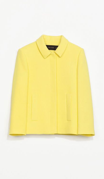 Yellow, Collar, Sleeve, Textile, Outerwear, Fashion, Electric blue, Clothes hanger, Fashion design, Top, 