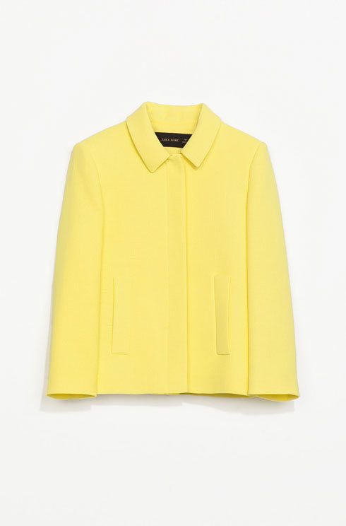 Yellow, Collar, Sleeve, Textile, Outerwear, Fashion, Electric blue, Clothes hanger, Fashion design, Top, 