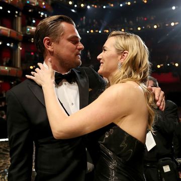 Kate Winslet reacts to Leonardo DiCaprio's Oscar win
