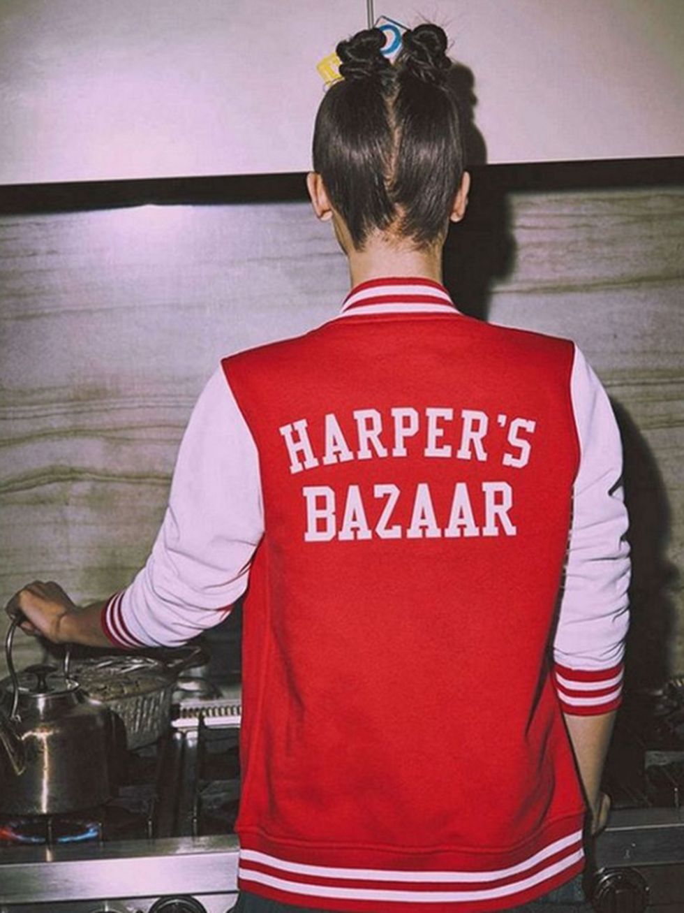 Bella Hadid wearing a Harper's Bazaar jacket