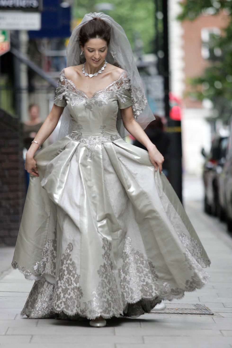 Clothing, Sleeve, Dress, Shoulder, Textile, Gown, Formal wear, Bridal clothing, Wedding dress, Street fashion, 