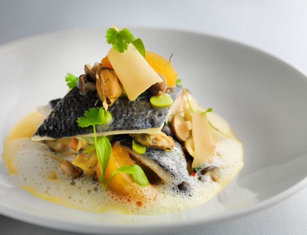 Roast Cornish	hake with coconut Thai fish sauce, spätzle, pak choi and mussels​