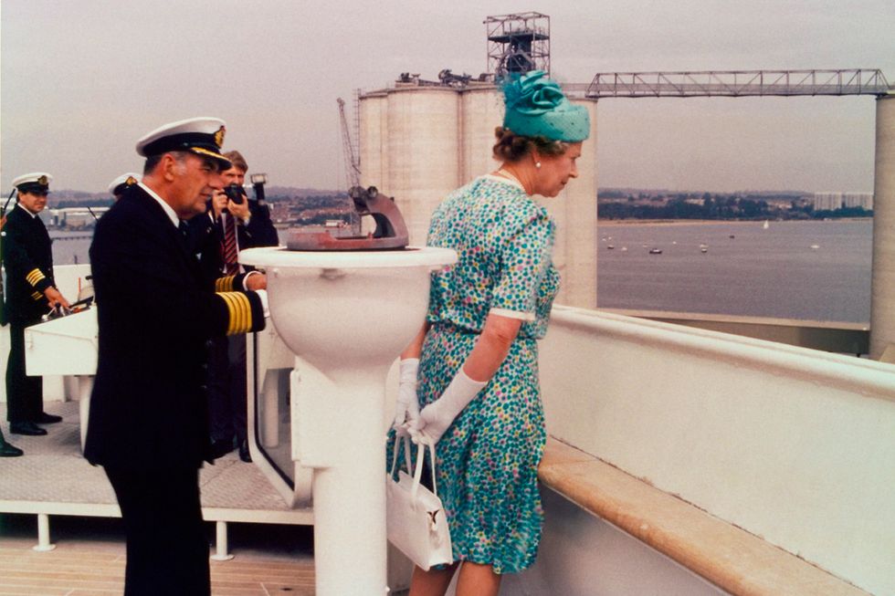 The Queen and the Duke of Edinburgh on board the QE2 for Cunard's 150th anniversary celebrations in 1990