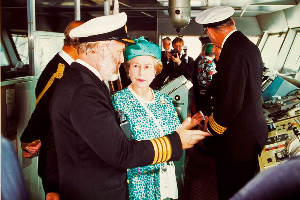 The Queen on board the QE2 for Cunard's 150th anniversary celebrations in 1990