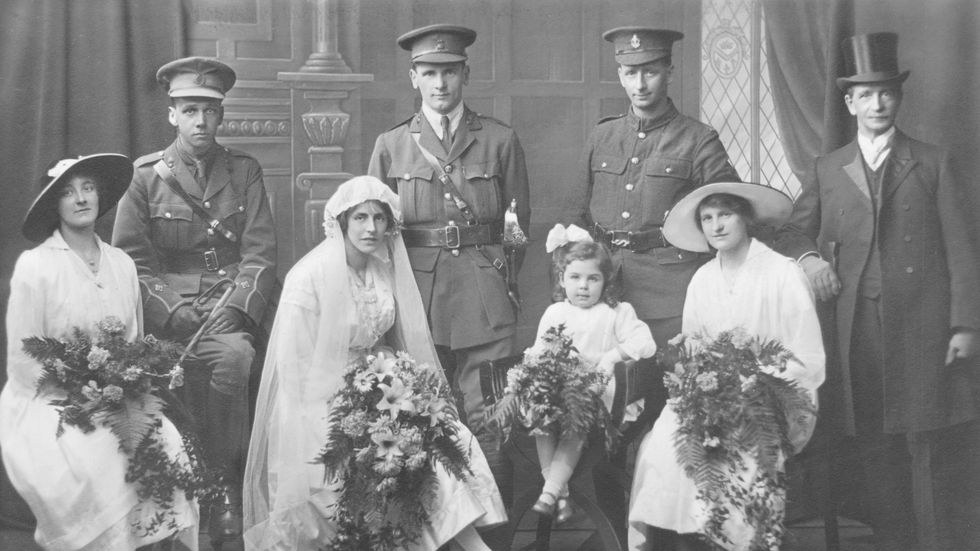 Face, Hat, Photograph, Headgear, Vintage clothing, Sun hat, Ceremony, Tradition, Bouquet, Wedding dress, 