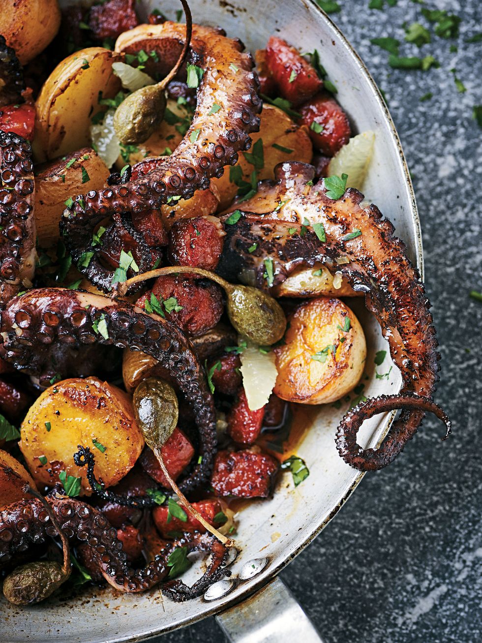 Roasted Octopus with Chorizo, Potato and Caper Berries