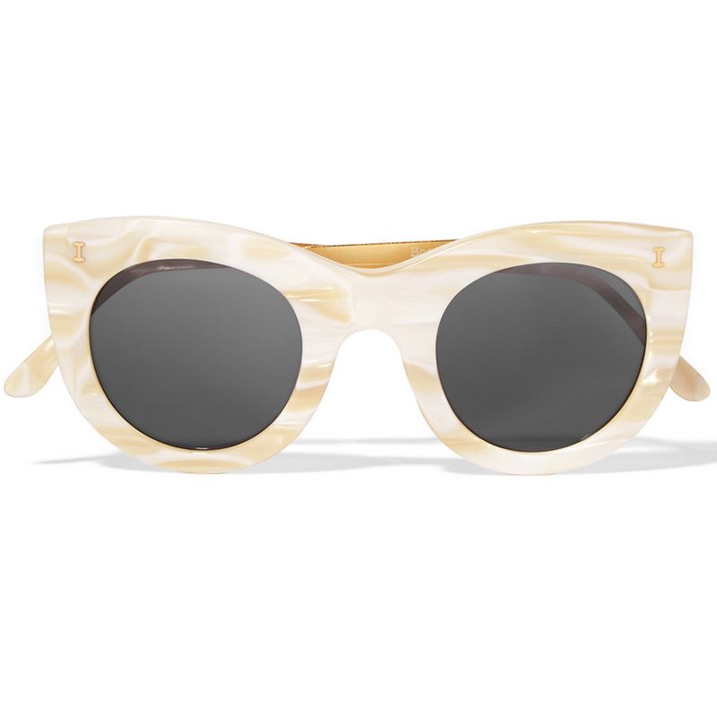 <p>
<strong>Illesteva</strong> glasses, $220, <a href="https://www.net-a-porter.com/us/en/product/742445/illesteva/boca-ii-cat-eye-marble-acetate-and-gold-tone-sunglasses" target="_blank">net-a-porter.com</a>.</p>