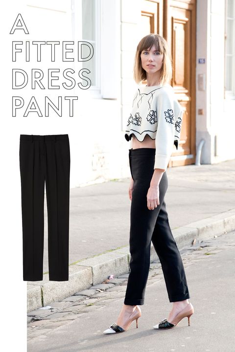 <p>There are tons of trendy pant styles that I have embraced: track pants, bell bottoms, boyfriend jeans. But there's nothing more tried and true—and appropriate for any occasion—than a well fitted dress pant. Yes, like the pair your parents bought you for your first job interview. Get them tailored.<br></p><p><em>Theory Italian Stretch Wool Slim Pant, $275; <a href="http://www.theory.com/super-slim/F0001212.html?dwvar_F0001212_color=001&cgid=#start=16"></a></em><a href="http://www.theory.com/super-slim/F0001212.html?dwvar_F0001212_color=001&cgid=#start=16" target="_blank"><em>theory.com</em></a></p>