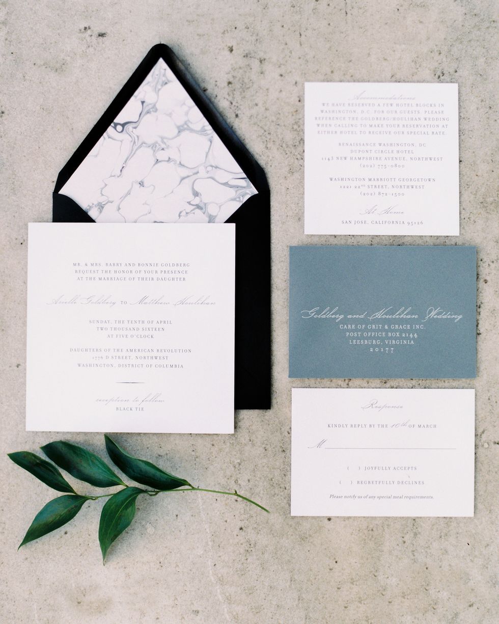 <p>"We wanted something very simple and classic, and we both have really been into marble <em>everything</em> lately, so we decided to get a custom marbled liner for each invitation," explained Arielle. Keeping to their color palette of black and white, the couple worked with <a href="http://www.paperzest.com/" target="_blank" tabindex="-1">Paperzest</a> to create their stationery suite.</p>
