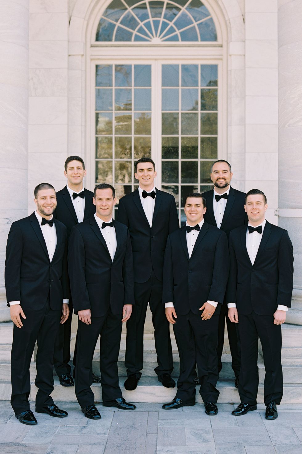 <p>Matt's groomsmen, including his brother, Arielle's two brothers, and his three best friends, looked sharp in their tuxedos from <a href="https://tuxedo.menswearhouse.com/verawang.do" target="_blank" tabindex="-1">Vera Wang</a>.</p>
