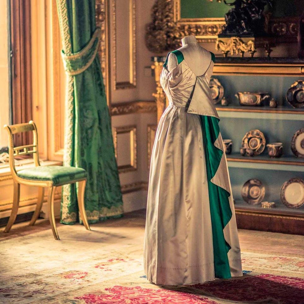 A Norman Hartnell gown designed for the Queen in the late 1940s, on show in the Green Drawing Room at Windsor Castle