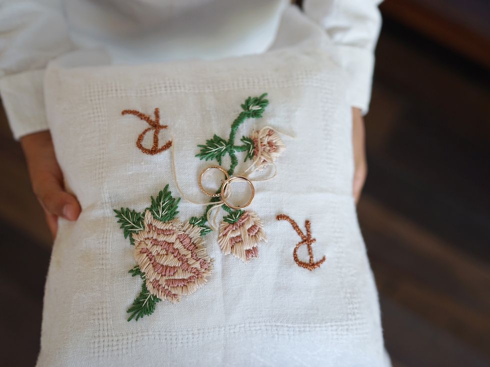 Sleeve, Textile, Embroidery, White, Pattern, Dress, Needlework, Peach, Creative arts, Flowering plant, 