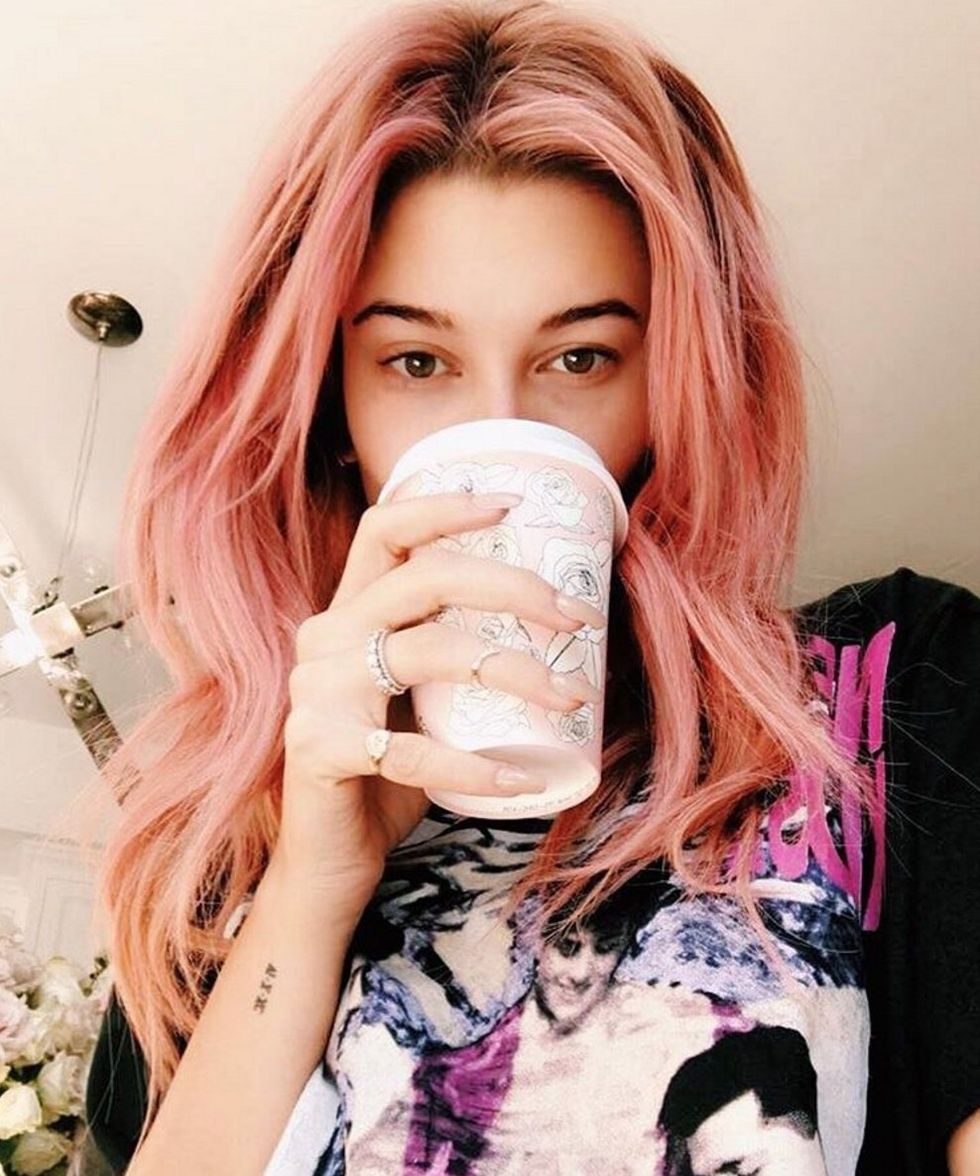 Hailey Baldwin with pink hair